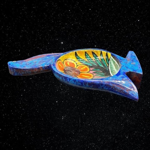 Mexican Folk Art Hand Painted Wood Animal Bird Trinket Dish Bowl  1”T 9.5”L - Picture 5 of 8